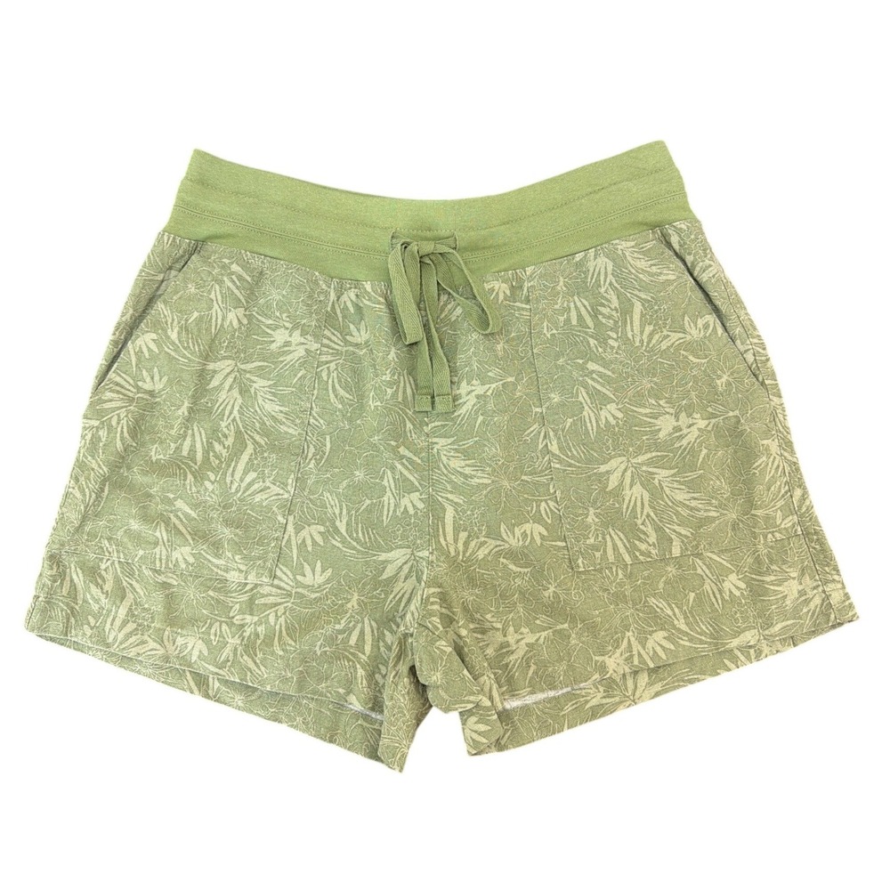 Falls Creek Olive Green Floral Print Linen Blend Shorts L‎ Flap Back Pockets
